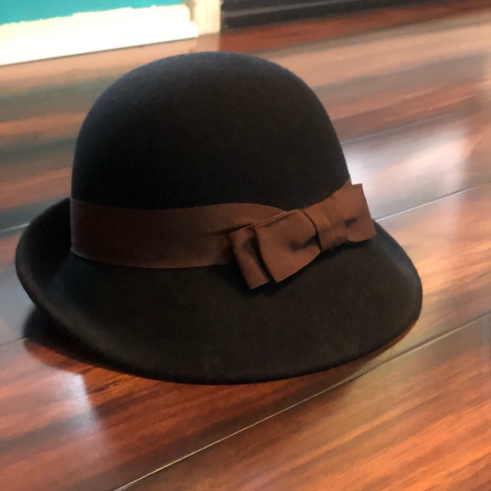 Black Cloche Hat with Brown Ribbon & Bow